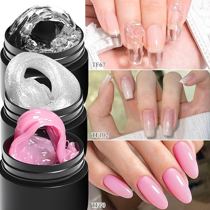 MEET ACROSS 7Pcs Solid Builder Nail Gel 5 IN 1 Solid Builder Gel for Nails Clear Pink Sliver Non-Stick Hand Nail Extension Gel Manicure DIY for Women