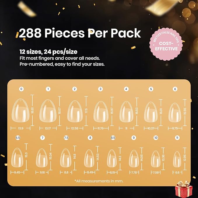 Beetles Extra Short Almond Nail Tips, 12 Sizes 288 PCS Pre-Shaped Clear Full Cover Etch Gel Nail Tips Clear Acrylic Press on Nails Extension for Girls Women Nail Art Design, Nail Glue Needed