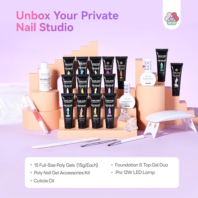 SAVILAND Hema-Free Poly Gel Nail Kit Starter: 15 Poly Gel Nail Colors for 28 Day Long-Lasting, All-in-1 Poly Nail Gel Kit with Slip Solution U V Lamp, Suitable for Trendy Nail Art Home Salon Daily DIY