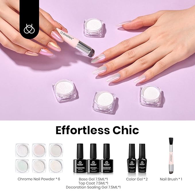 Beetles Chrome Nail Powder for Nails Aurora Pearl Kit 6 Colors with Base Top Coat Color Gel Polish-Iridescent Glazed Donut Chrome Nail Powder Metallic Mirror Mermaid Glitter Kit for Nail Art Design