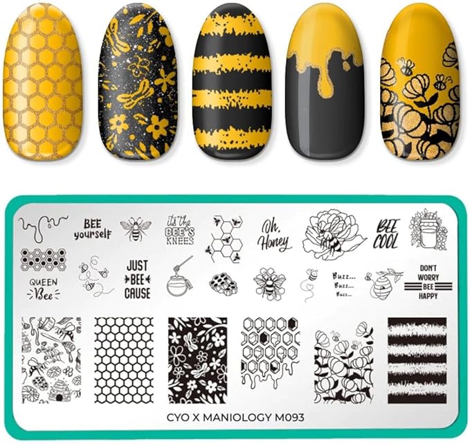 Maniology Bee Nail Stamping Plate | Sweet Honeybee & Beehive Designs for Cute Nature-Inspired DIY Manicures – Reusable, Rectangular Stainless Steel Nail Art Template