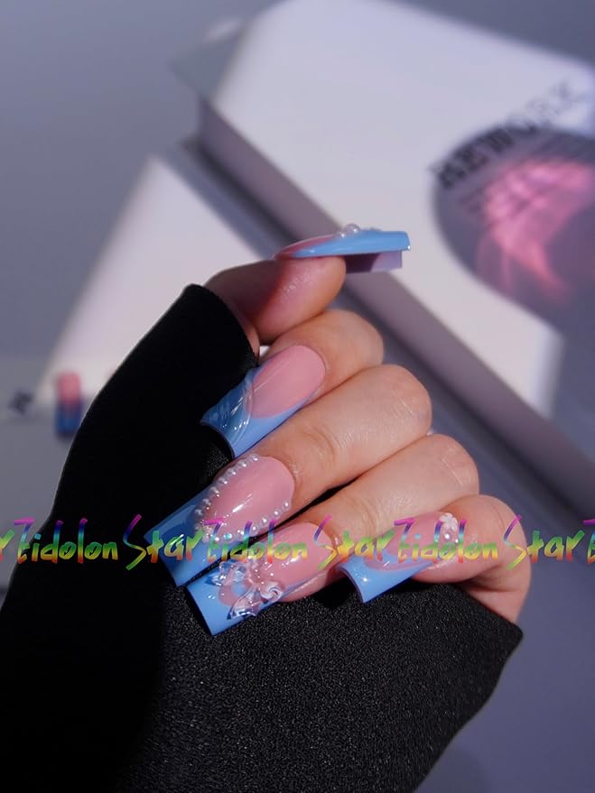 HAND-PAINTED White Press Ons Neon Small Press on Nails Long French Press on Nails Coffin Medium Short Nail art Fake Nail Art Kit with 7g Glue on Nails Handmade Almond Square Nails (TJ57, Medium)