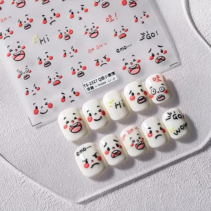 Dedyel Smile Nail Art Stickers Cute Nail Stickers Cartoon Nail Stickers 5D Embossed Smile Face Nail Stickers Kawaii Self-Adhesive Nail Stickers for Women Girls Kids Nail Art Decoration