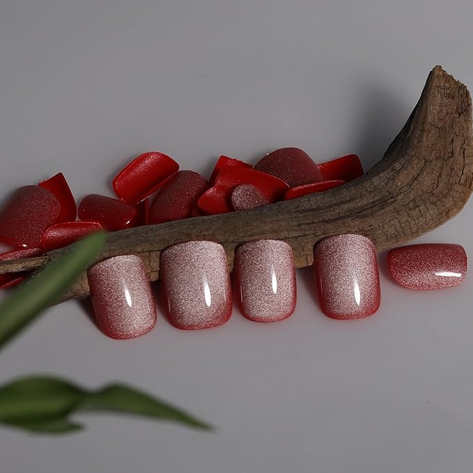 Cat Eye Press On Nails Short Square, Red Fake Nails with Dewy Gloss Red and White Gradient Effect, Glossy Gel Finish Acrylic Nails Press Ons Short,Natural Reusable Glue On Nails For Women, Jelly Rouge
