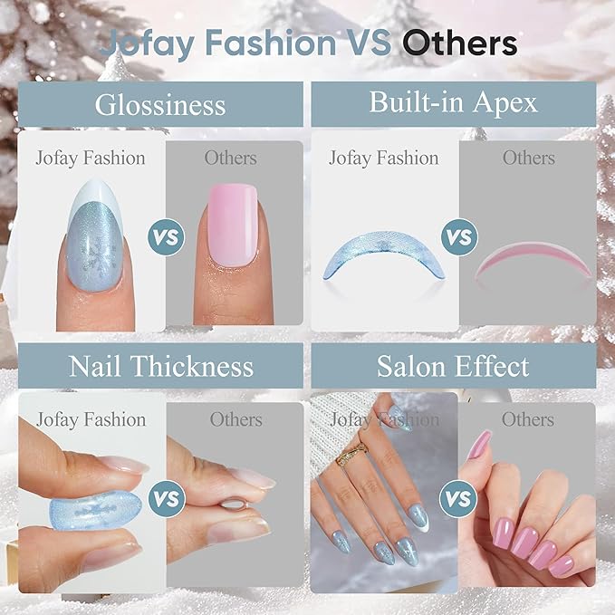 Winter Press On Nails Almond - Jofay Fashion Blue Aurora Cat Eye Snowflake Press On Nails, Acrylic Fake Nails with Glue, Reusable Soft Gel Glue On Nails for Women in 16 Sizes, Stick On Nails Kit