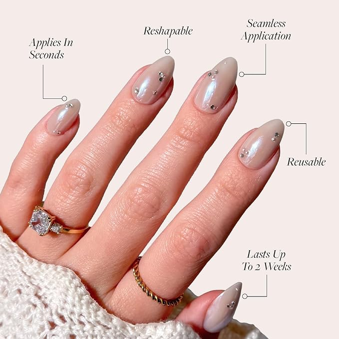 Glamnetic Press On Nails - First Dance | Nude Short Almond Fake Nails with Glossy Glazed Finish, Salon Quality | 15 Sizes - 30 Nail Kit with Glue