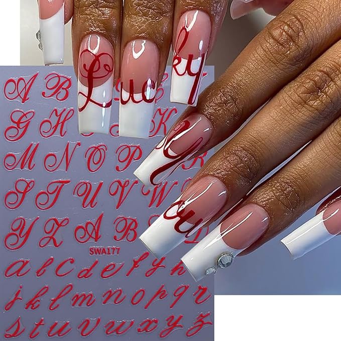 8 Sheets Letter Nail Stickers for Nail Art Retro English Letter Nail Art Stickers 3D Self-Adhesive Red Blue Gold Black Retro English Pattern Old Alphabet Cursive Design Letter Nail Decals for Acrylic