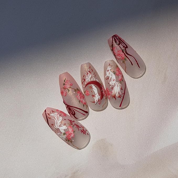 Embossed Nine-Tailed Fox Spirit Nail Art Stickers, Foxes and Blossom Design, White and Pink, Decorative Nail Decals (Nine-Tailed Fox)