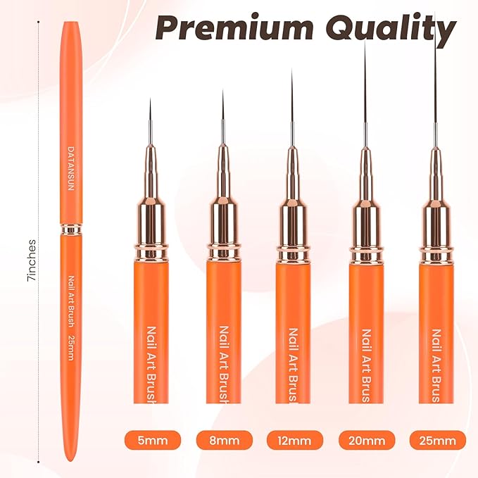 5PCS Nail Art Brushes Set with Pink Leather Case，【Metallic Material】 【Various Size】 【Light Weight】Nail Brush， Nail Brushes for Nail Art，Size：5mm,8mm,12mm,20mm,25mm,Orange