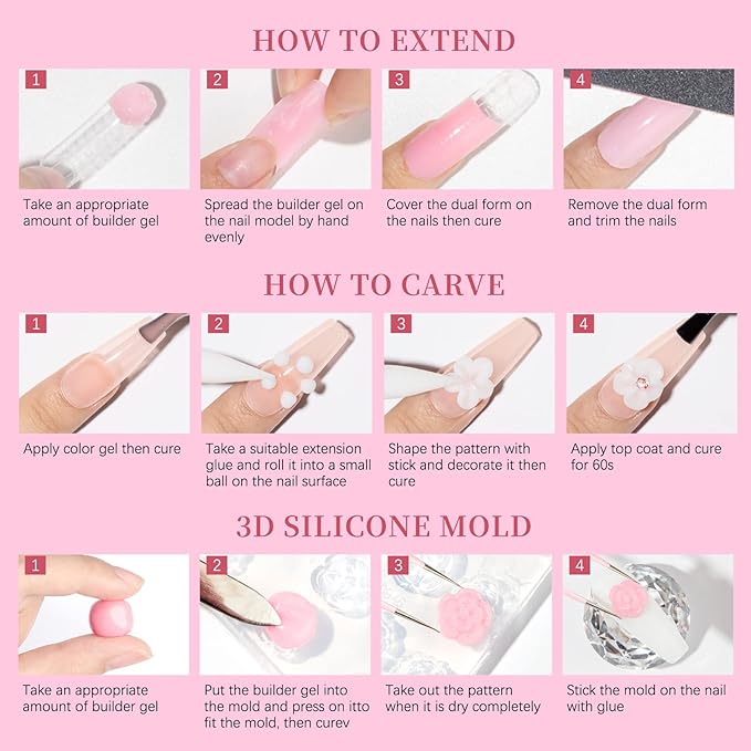 Solid Builder Gel for 3D Nail Art Extension Gel Non Stick Hand Sculpture Hard Gels with Dual Form Flower Strengthen for Home DIY Nails Salon Lamp Cure Require 30g(1oz)