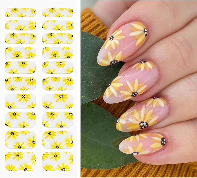 JMEOWIO Gel Nail Stickers Sunflower Daisy Flower Semi Cured Gel Nail Strips Wraps UV/LED Supplies Nails Art Design Decoration Accessories