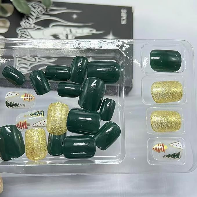 Christmas Press on Nails Short Square Fake Nail with Christmas Tree Designs Green Xmas False Nails Gold Glitter Full Cover Winter Stick on Nail for Women 24 Pcs