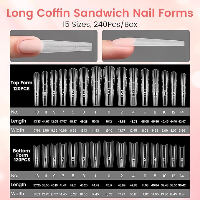 Sandwich Dual Nail Forms: 240PCS Nail Forms for Builder Gel, 15 Sizes Long Coffin Shape for Women Salon Home DIY