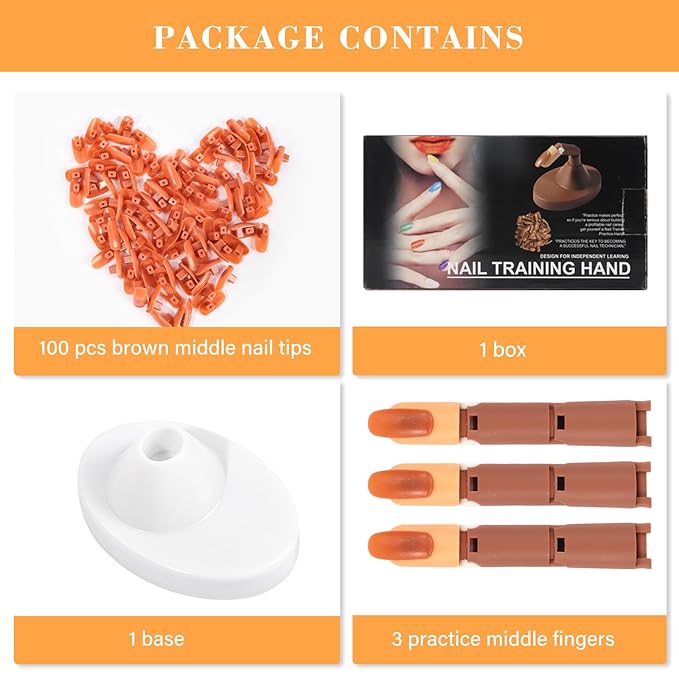 Practice Fingers for Acrylic Nails, Flexible Movable Fake Finger to Practice Fake Nails, 3PCS Adjustable Nail Finger Practice with 1PC White Acrylic Finger Base, 100PCS Brown Nail Tips With Box