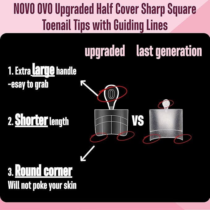 NOVO OVO Upgraded Flexible Half Cover Soft Gel Fake Toe Nail Tips with Auxiliary Line for Toenail Extension, Sharp Square Medium Wide for Men Women Acrylic pedicure in Salon x 15 Sizes 240 Pcs
