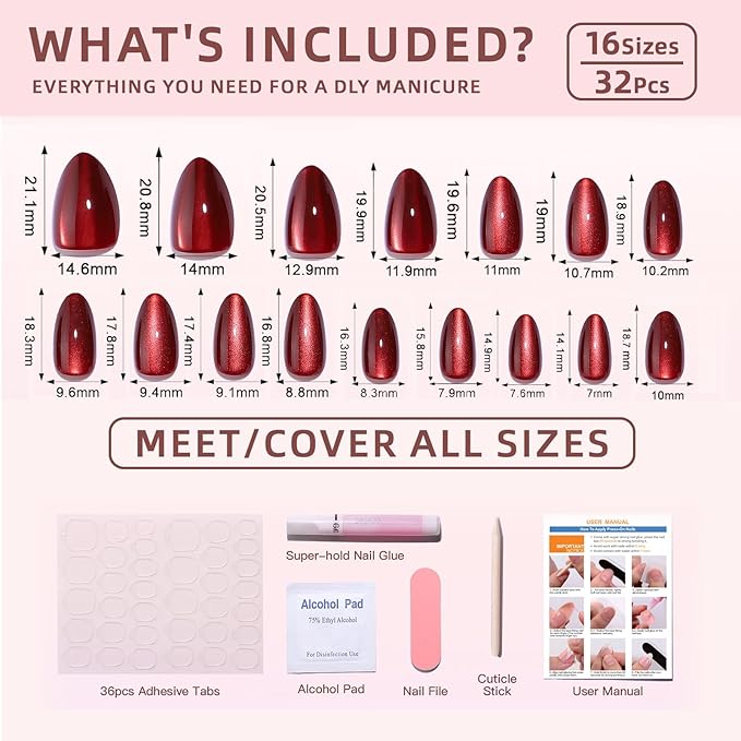 Red Magnet Cat Eyes Press on Nails Short Almond, Aurora Mirror Chrome Red Soft Gel Stick on Nails with Glue, 32pcs 16 Sizes Glossy Glitter Reusable Easy Salon Nail Manicure for Women Girls