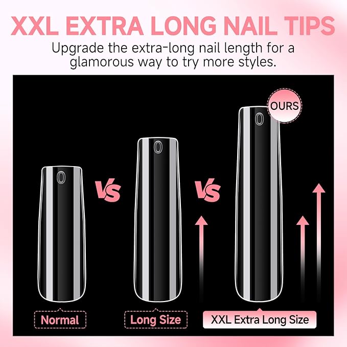 UNA GELLA Extra Long Tapered Sqaure Nail Tips Full Cover 504pcs No C Curve Clear Gel Nail Tips XXL Long Straight Nails Tips Acrylic Nails Square Gel Nails for DIY Nail Art 12 Sizes