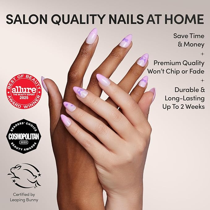 Glamnetic x Hello Kitty® and Friends Press On Nails - Kuromi™ | Short Almond Purple Ombre Graphic Fake Nails in a Glossy Finish | 15 Sizes - 30 Nail Kit with Glue