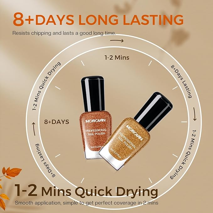 Morovan Orange Nail Polish Set: 6 Gold Maple Leaf Nail Polish Kit 2025 Glitter Autumn Fingernail Pumpkin Yellow Burnt Orange Art Quick Dry Nail Regular Mini Bulk Manicurist Women Girls Gift