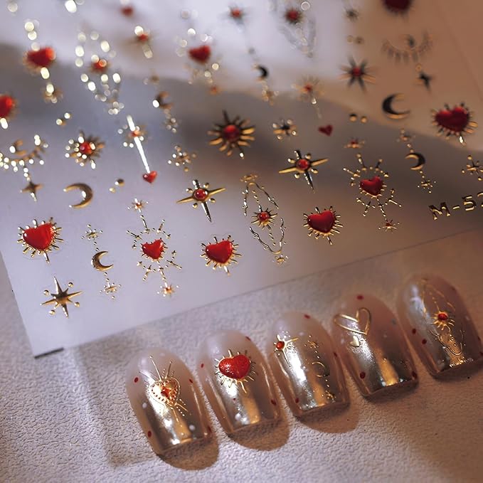 Valentines Nail Art Stickers Red Heart Nail Decals 5D Embossed Nail Supplies Gold Star Moon Nail Design for Women Holiday Nail Decorations Accessories