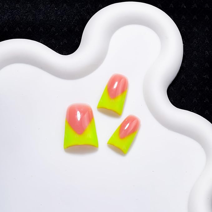 10 Pieces Luxury Y2K Acrylic Press On Nails Short Handmade Duck Nails, Green Thickened French False Nails With Bling Rhinestones, Reusable Fake Nails, Acrylic Nails (S)