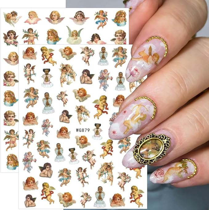 8 Sheets Angel Nail Stickers for Nails Art Cupid Nail Art Stickers 3D Self-Adhesive Rose Heart Angel Wings Designs Valentines Day Nail Decals for Women Holiday Manicure Decorations DIY