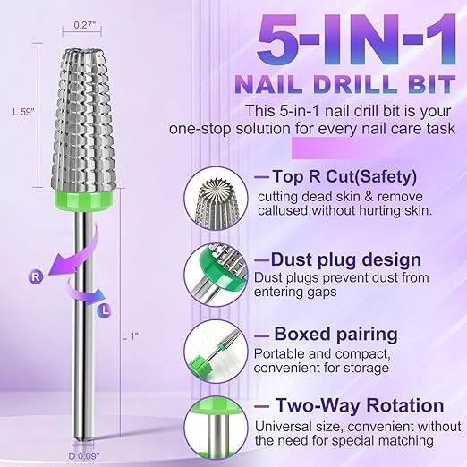 FANTEXY 3/32" Carbide Nail Drill Bits - 5 in 1 Cuticle Drill Bits for Nails, Gel Remover Drills Bit, Professional Nails File Bits for Old Skin and Nails, Manicure Pedicure Gel Polishing (Coarse - C)