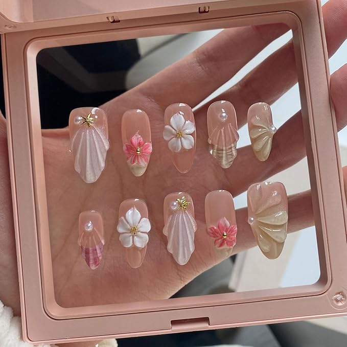 Press on Nails Almond Handmade White Flower Pearl and Starfish Fake Nails Design Thick Acrylic and MutiLayer Gel False Nails Full Cover French Medium Fake Nails Nails for Women DIY Art Decor (Size M)