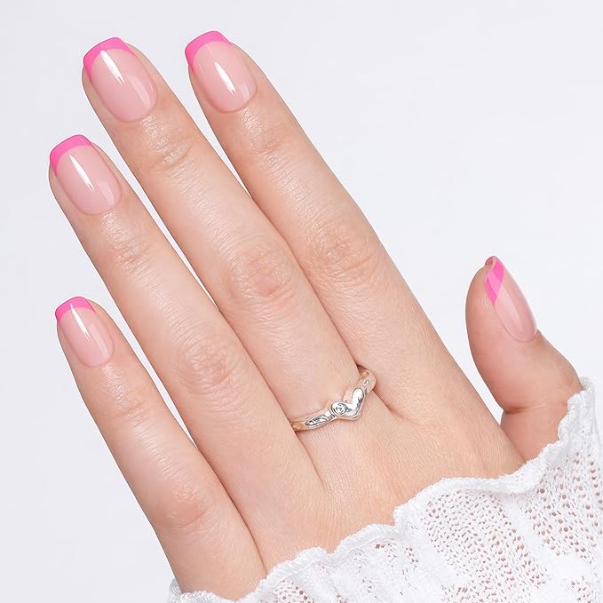 UNA GELLA 32Pcs Soft Gel Press on Nails - 16 Sizes Hot Pink French Tip Short Square Glue on Nails, Reusable Nude Pink False Nails, Full Cover Acrylic Nail Kit for Women DIY Home Manicure