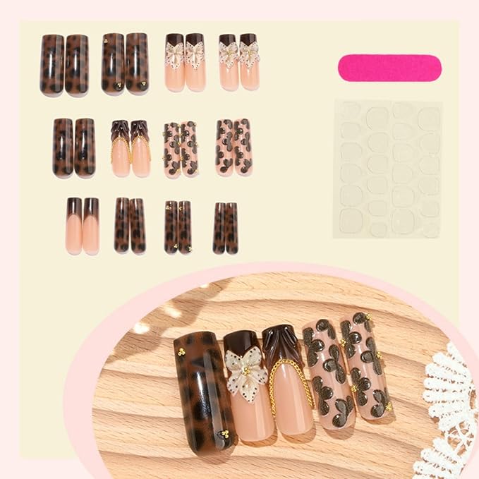 Long Square Press on Nails Fake Nails Artificial Nail Stick on Nail for Women, Brown Leopard Print Design with Delicate 3D Small Petal Flowers, Gold Bead and Crystal Rhinestone Embellishments 24pcs