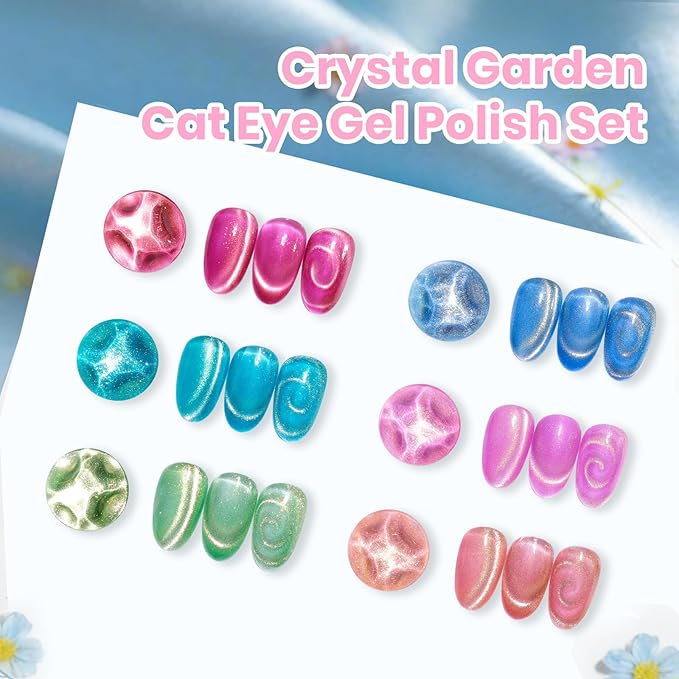 Beetles Crystal Garden Cat Eye Gel Nail Polish Set - 6 Colors 15ML Spring Gel Polish Kit Glitter Pink Blue Orange Green Magnetic Effect Soak Off UV Nail Art DIY Manicure Gift for Women