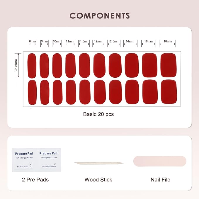 Semi Cured Gel Nail Strips – Real Gel Nail Polish Wraps for Brittle Nails | Waterproof Long Lasting Easy Peel-Off Removal | Hema-Free | 20-Piece Solid Bright Red Salon Kit with File & Stick