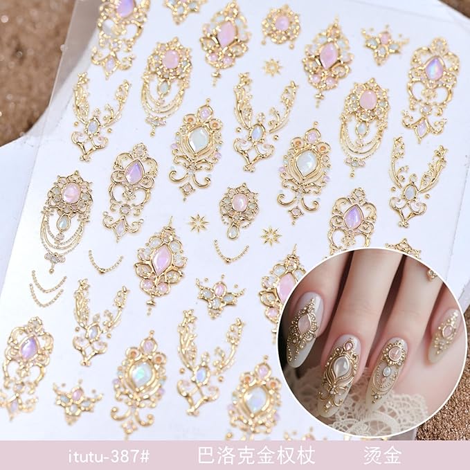 Self-Adhesive Gem Nail Stickers Vintage Style Totem Nail Supplies Embossed Gold Jewelry Ribbon Nails Decals Pink Diamond Nails Designs Baroque Scepter Nails Art Decoration for Women Manicure 1 Sheet