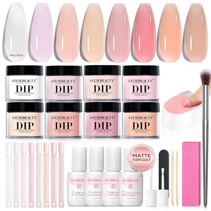 AZUREBEAUTY Dip Powder Nail Kit, Jelly Translucent Milky White Sheer Pink Nude Neutral Clear 8 Colors, Dipping Powder Liquid Set Added Matte Top Coat with Nail Sticks French Nail Art Manicure Salon