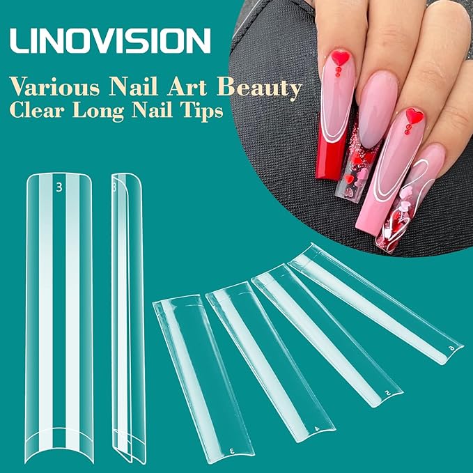 200PCS 3 4 5 6 Size NO C Curve Clear Nail Tips for Acrylic Nails Professional, 3XL Long Flat Tapered Square Nail Tips, Half Cover Straight French Fake Nail Tips Nail Extension for Nail Salons Home DIY