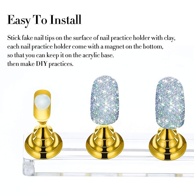 4 Set Nail Tips Holders Magnetic Acrylic Nail Practice Stands Fingernail Display Stands Manicure Training Holder and 126 Pieces Clear Reusable Sticky Clay Adhesive Putty (Gold, Silver, Black, White)