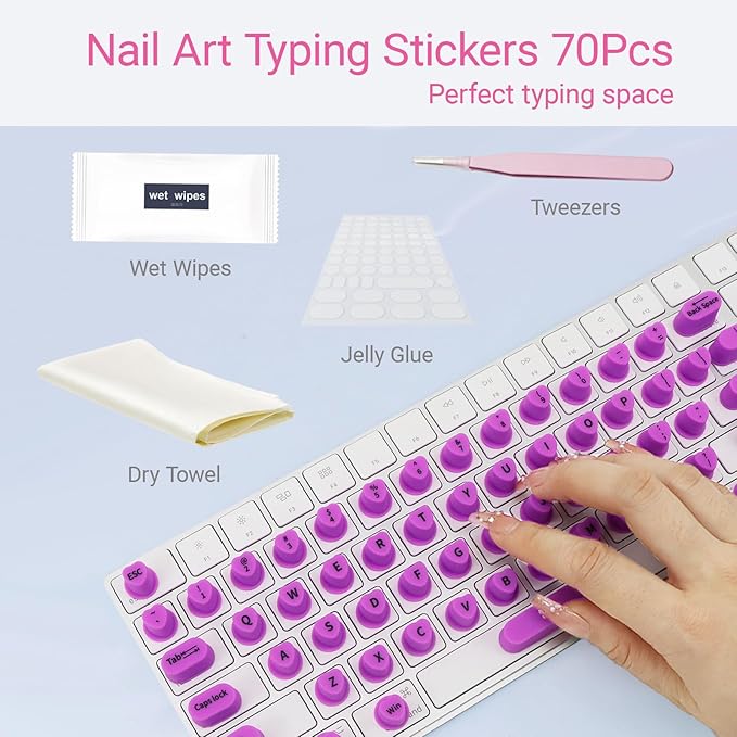 Raised Keyboard Stickers for Long Nails with Letters,Heart-Shaped Reusable Adhesive Protective Type Long Nail Keyboard Stickers for Typing, Gaming & Nail Art (70 Pcs)