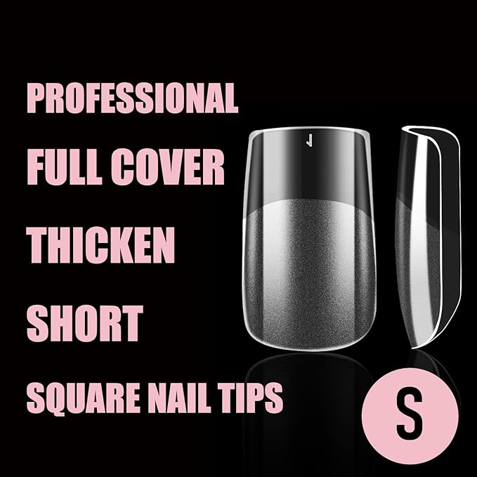 Short Square Nail Tips Thicken Soft Gel Nails Pre-etched Clear Full Cover Press on Acrylic Fake Nail Extension for Manicure Salon Home DIY 360Pcs 15 Sizes Black Box Collection