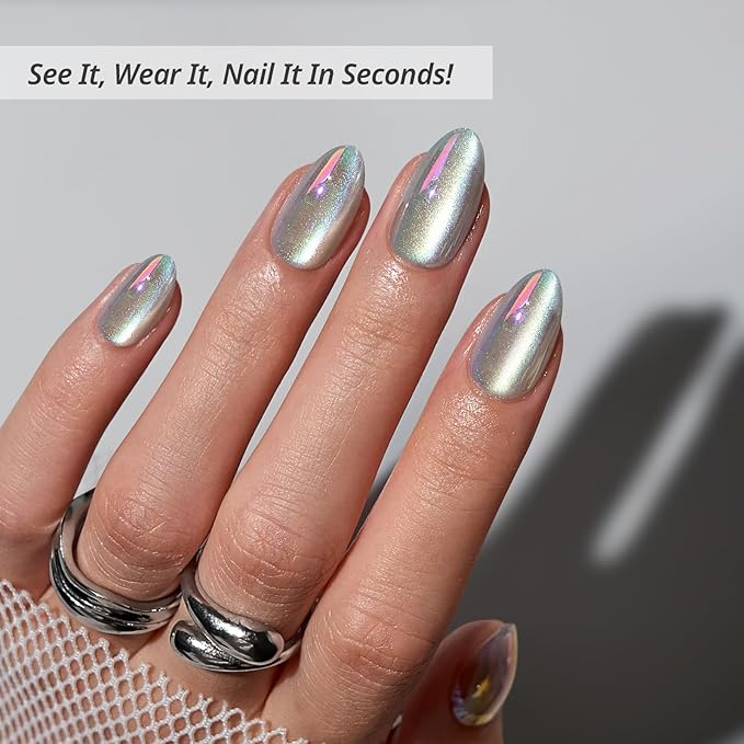 BTArtbox Press On Nails Short - Chrome Cat Eye Almond Press On Nails with Glue for Women, Opaque Soft Gel Glue On Nails in 16 Sizes - 32 Stick On Nails Kit, Chaos Chrome