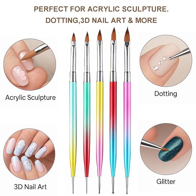 Dual-Ended Nail Art Brush & Dotting Pen Set - 5PCS Metal Rainbow Nail Brushes for Acrylic Gel, 3D Design, Extension, Manicure - Professional DIY Home Salon Tools