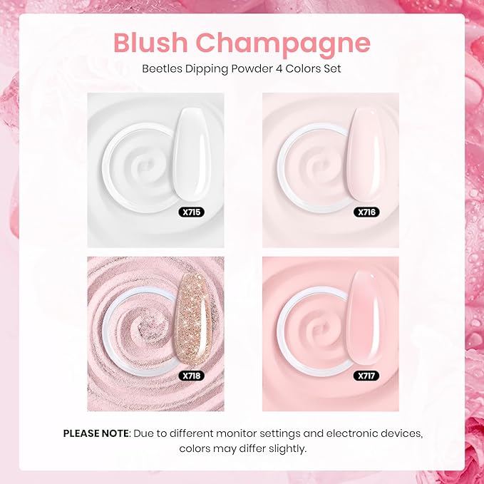Beetles Dip Powder Nail Kit, All Season Nude White Pink Glitter 4 Colors Dipping Powder with with Base Top Coat Activator and Tools for French Nail Art, Easy DIY Home Manicure Salon Blush Champagne