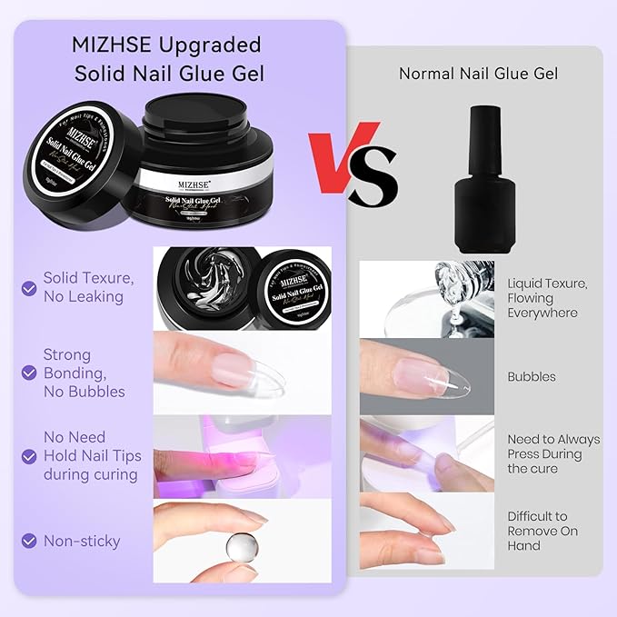 MIZHSE Solid Nail Glue Gel and Glue Remover, Strong Adhesion 18g Solid Gel Glue Kit for Acrylic Fake Nails and Nail Tips 10mL Press on Nails Remover Easy Removal