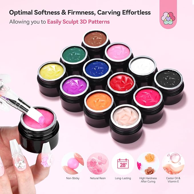 SAVILAND 3D Nail Gel Set: 12 Colors Non-Sticky Soak Off 3D Sculpting Gel for Nail Art Painting Drawing Hand Carving Molding with Sculpture Pen for 3D Nail Art Design Home Salon Manicure DIY
