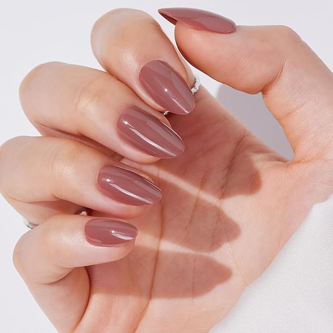 Press On Nails - Findigit Short Almond Cameo Brown False Stick Glue On Nails, Reusable Stick On Fake Nails with Glue Salon Quality,Natural Fit 16 Sizes - 32 Nail Kits, Coffee Cream