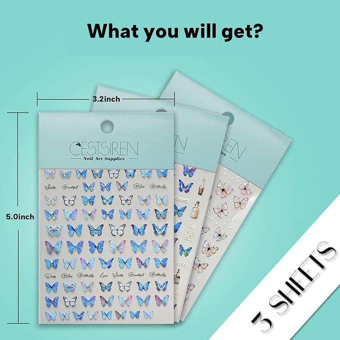 Blue Butterfly Nail Art Stickers Rhinestones Nail Decals for Nail Art Design Self-Adhesive Nail Accessories for Women Nail Art Supplies 3 Sheets