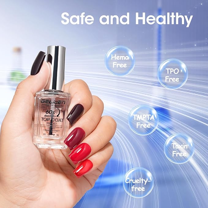 GELLEN Clear Nail Polish Top Coat Quick Dry in 60 Seconds, High-Gloss Shine Top Coat Fast Air Drying Clean Regular Nail Polish, Hema Free, TPO Free, Non-toxic, No Chip, Long Lasting