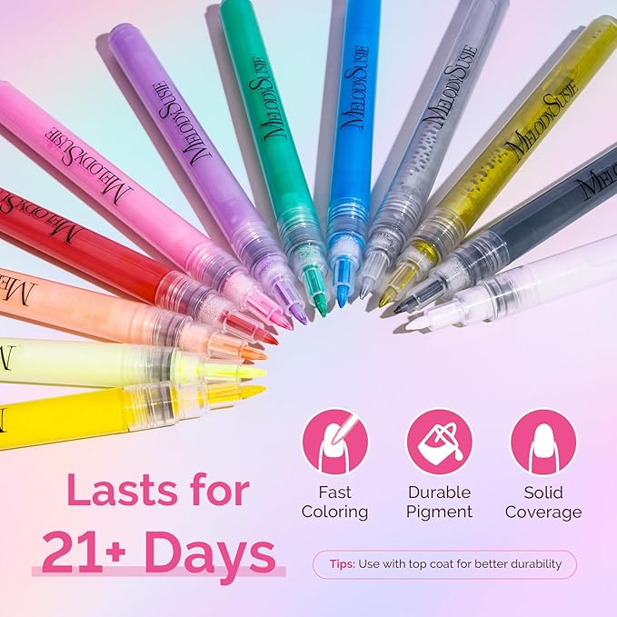 MelodySusie Nail Art Pens Set, 12 Colors 0.7MM Nail Polish Pens for Nail Art, Nail Dotting Tool, Drawing Pen for Nail Design, Manicure Nail Pens for Salon and DIY at Home