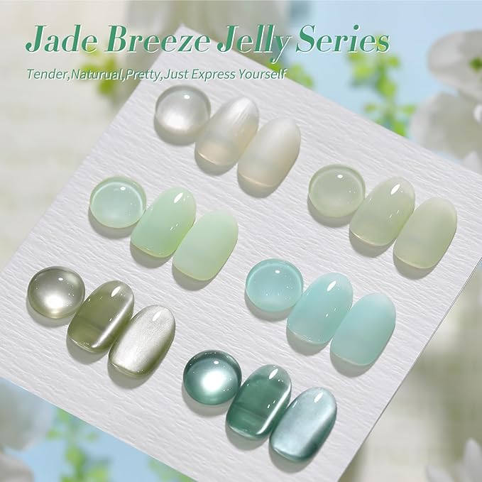 Born Pretty Green Gel Nail Polish,Spring Summer Jelly Transparent Gel Polish,Cat Magnetic Eye,Shimmer Glitter Green Gel Polish Kit for Salon Manicure and Nail Art DIY at Home 6Colors
