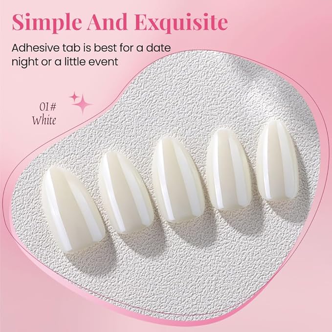 Press on Nails Short Almond - White Chrome Glazed Glossy Press on Nail Tips Stick on Nails with Nail Kit for Gift, Reusable Stick On Nails in 15 Sizes - 30 Full Cover Acrylic Soft Gel Fake Nails Kit