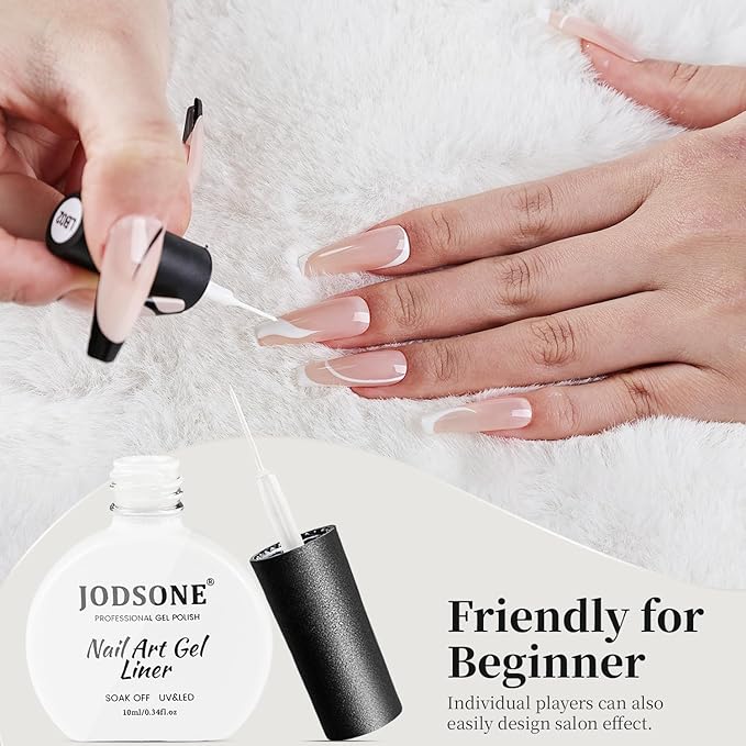 JODSONE White Swirl Nail Art Liner Gel Polish,10ml Classic Color 3D Nail Art Pens Effect Nail Print Design with Thin Brush for French Tips Manicure Painting DIY at Home - LB02